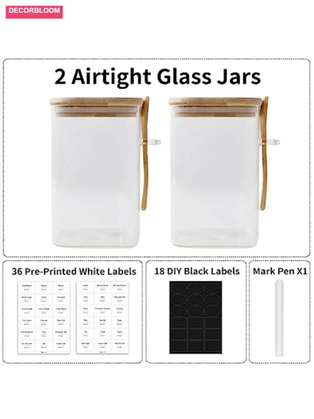34 oz Glass Jar with Bamboo Lid and Spoon, Airtight Canister Set of 2 for